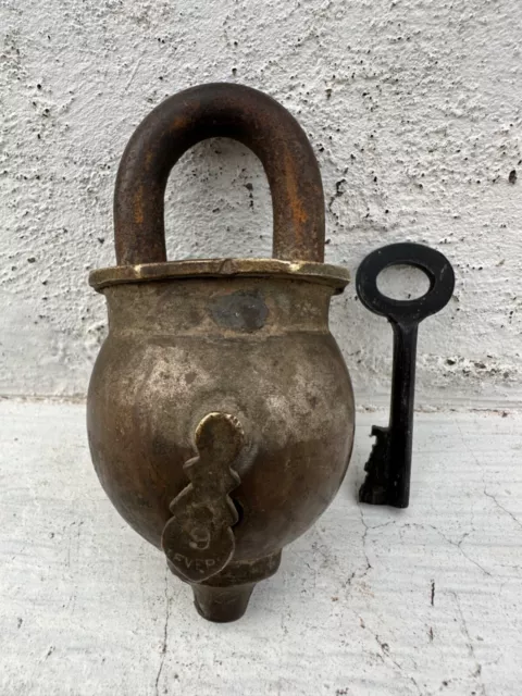 Antique Genuine Old Rare Solid Brass Unique Pot Shape 9 Lever Padlock With Key