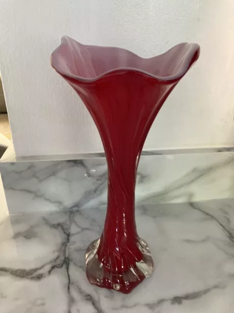Red Murano Style Twist Tall Glass Vase Approx 10"