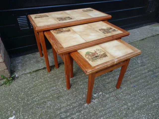 Vintage Anbercraft Nest of 3 Retro Tables Solid Teak Pictorial Tiled