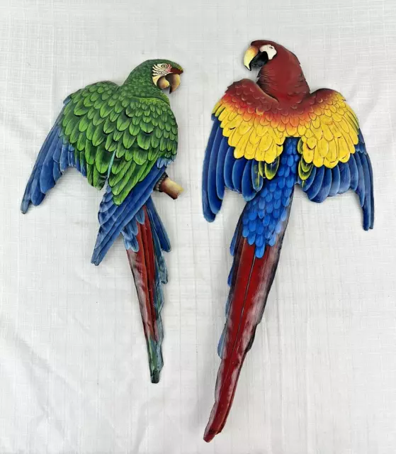 Vintage Metal Hand-painted Colorful Tropical Parrot Wall Art Pair