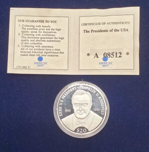 2000 Republic Of Liberia Xxxii President Roosevelt .999 Fine Silver Coin