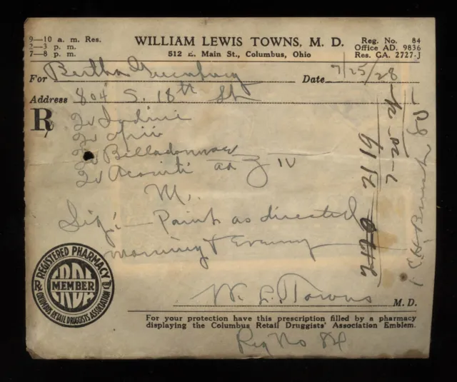 Dr William L Towns Columbus, OH Handwritten Belladonna / Opium Prescription 1928