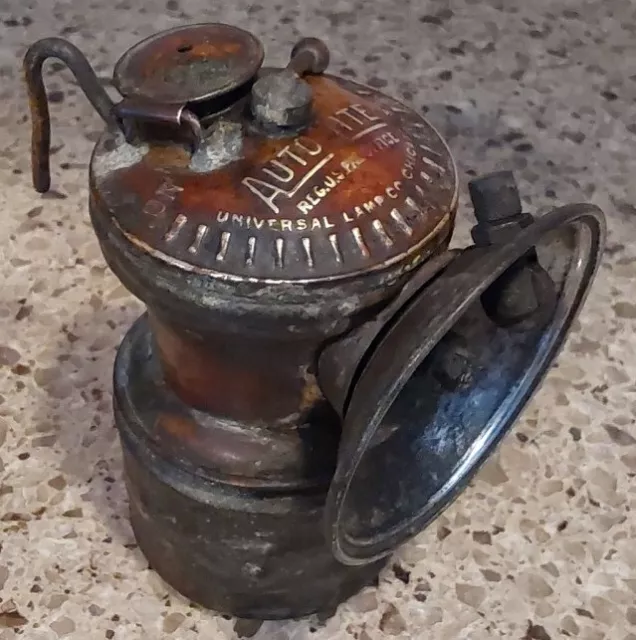 Antique Auto Lites Brass Coal Miner Carbide Head Lights, Universal Lamp Co.