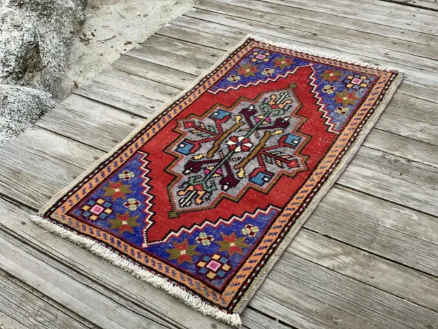 Vintage Turkish Oushak Small Rug, Wool Geometric Tribal 2x3ft Oriental Farmhouse