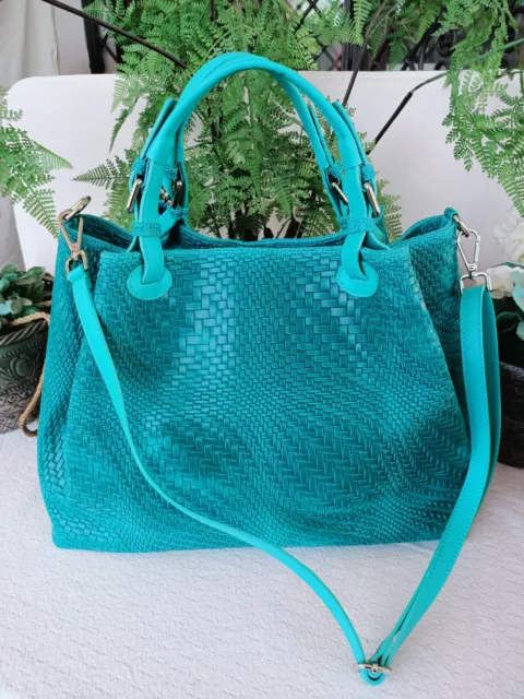 Borsa Vera Pelle verde mare stampa intrecciata Maxi bag mano tracolla