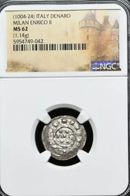 Enrico  II, 1014-1024AD. Milan mint, Silver Denaro, Italian States. NGC MS62