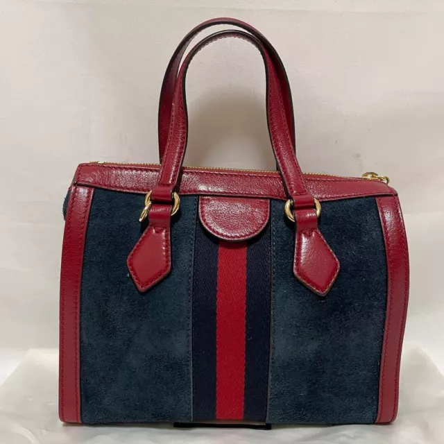 GUCCI OPHIDIA SHERRY Line Shoulder Bag Handbag Suede Leather Red Navy ...