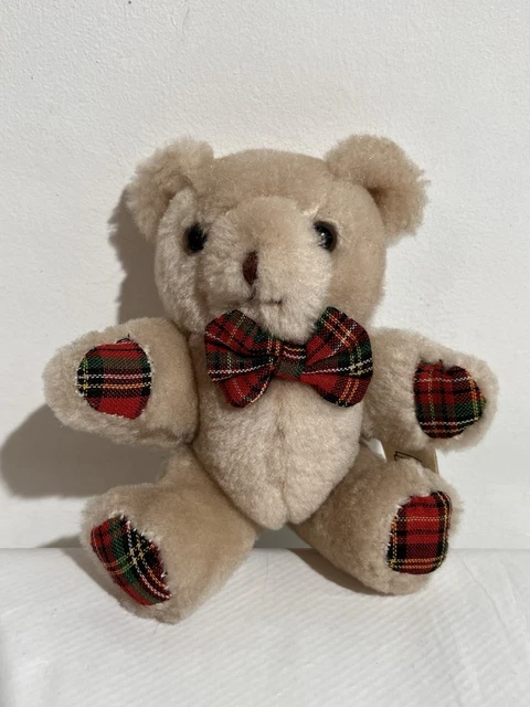 VINTAGE JOINTED TEDDY Bear Soft Toy Tartan Bow Tie Small Kenleys Ltd 4. ...