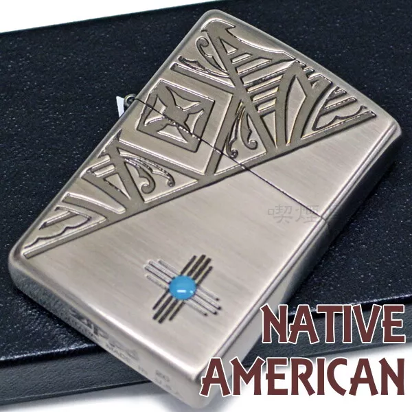 Zippo Oil Lighter Native American Antique Silver Regular Case Etching Japan