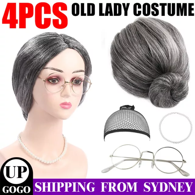 Grandma Wig Old Lady Costume Dress Up Set Granny Wigs For Adult & Kid Masquerade