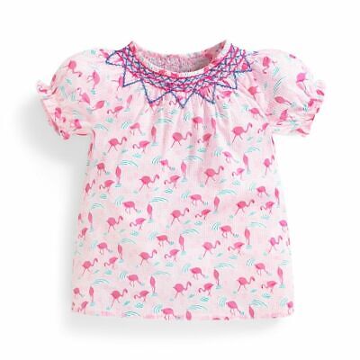 JoJo Maman Bebe Smocked Top Pink Flamingo Summer Girls Baby Short Sleeved Top