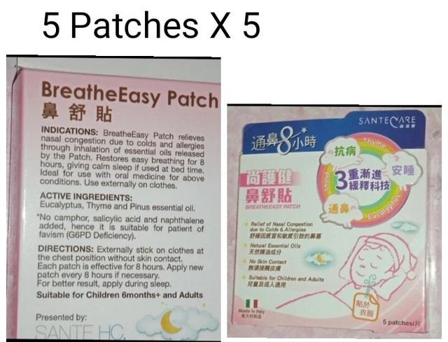 5 X SanteCare Breathe Easy Parche nariz bloqueada congestión nasal 5 parches