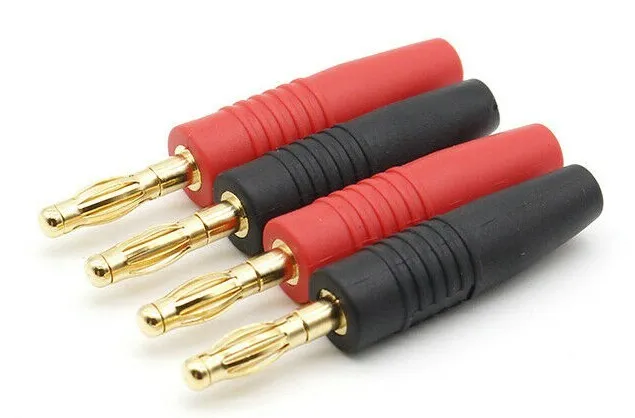 4 x Gold Plated Copper 4mm Banana Male Plug Soldered 2 x Red, 2 x Black NEW UK