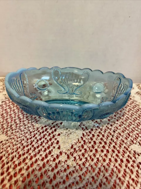 Vintage Jefferson Glass Blue Opalescent Jewel & Fan Relish Dish