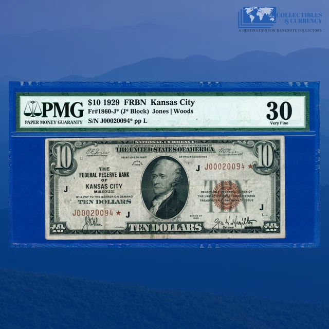 Fr.1860-J "STAR NOTE" 1929 $10 TEN Dollars FRBN, Kansas City , PMG 30 #20094