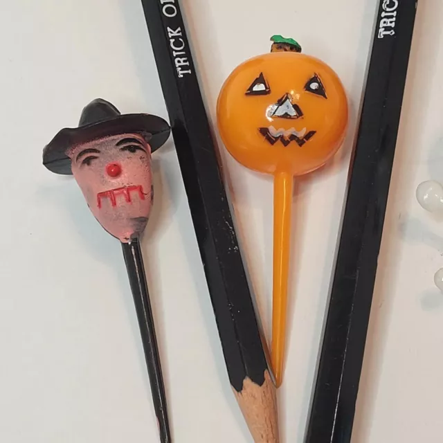 Vtg Halloween Cupcake Pics Skeleton Witch  JOL + 2 Flocked Pumpkin Head Pencils