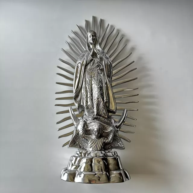 Pewter Virgin of Guadalupe Religious Statue Mexican Santo Art Silver Large 23"