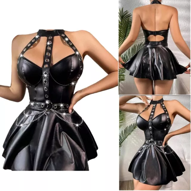 Damen Leder rückenlos A Line Kleid ärmellos Gothic Punk Mini Kleid Clubwear 3