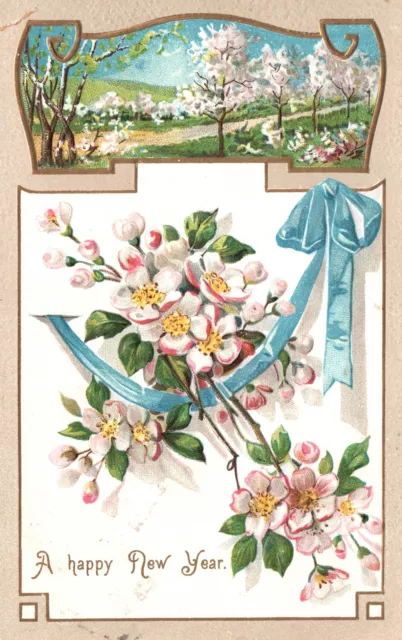 Postal Vintage 1908 Feliz Año Nuevo Saludos y Deseos Paisaje Flores