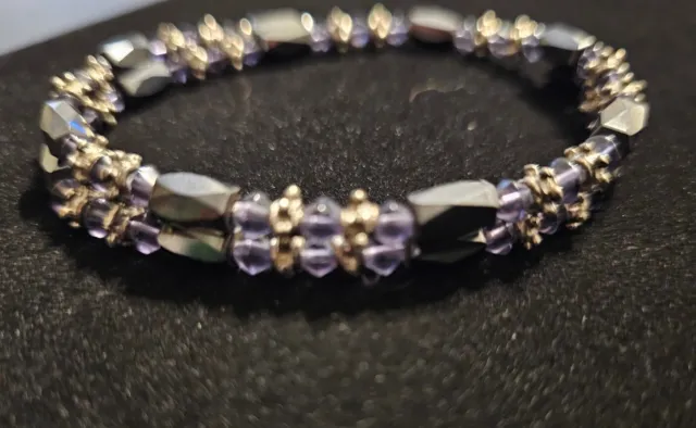 Magnetic Hematite, Purple Glass And Silver Tone Beaded Adjustable Bracelet