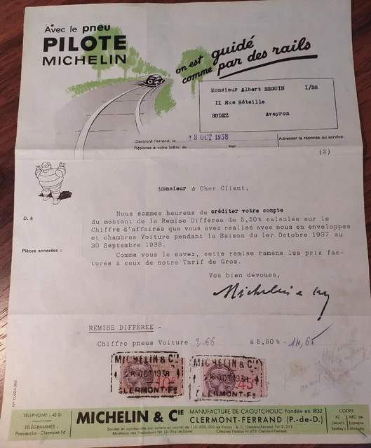 France 1938 Old Rare Vintage Michelin Pilot Tire Signature Document Revenue