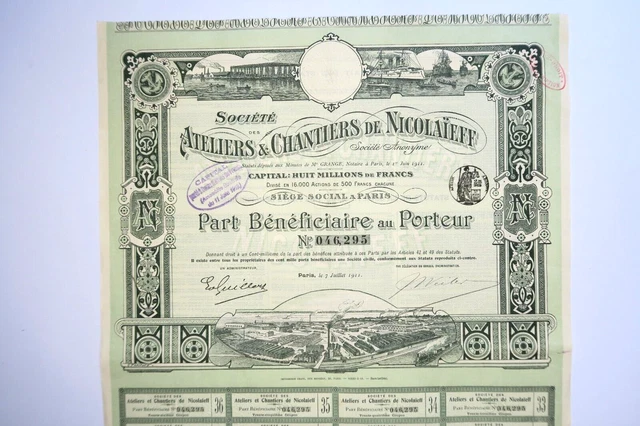 Russian Bond Ateliers Et Chantiers De Nicolaieff Part Beneficiaire 1911 +Coupons