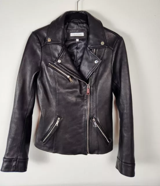 NWOT Calvin Klein Black Leather Asymmetrical Moto Jacket  Size XS