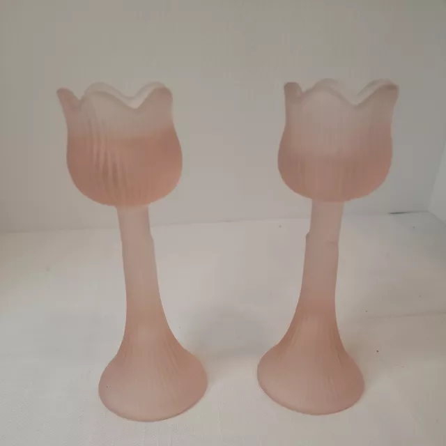 VTG Pair Of Decorative Pink Tulip Flower Frosted Satin Glass Candlestick Holders