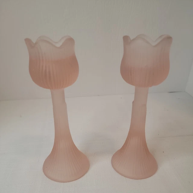 VTG Pair Of Decorative Pink Tulip Flower Frosted Satin Glass Candlestick Holders