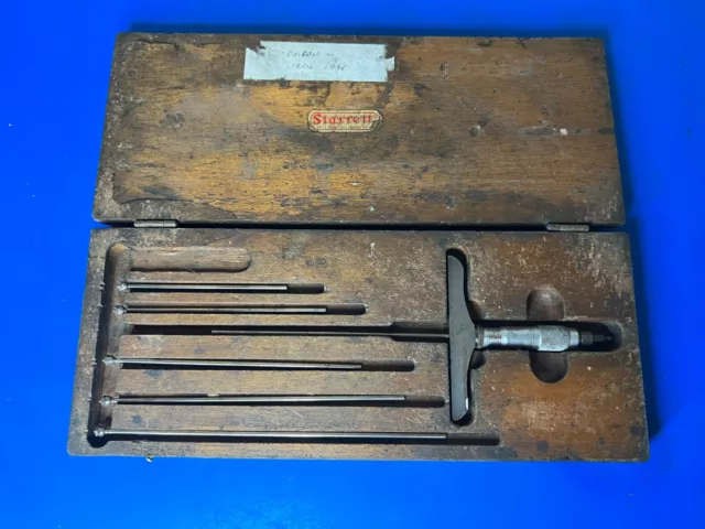 Vintage LS Starrett No. 440 Micrometer Depth Gage Complete in Wooden Box