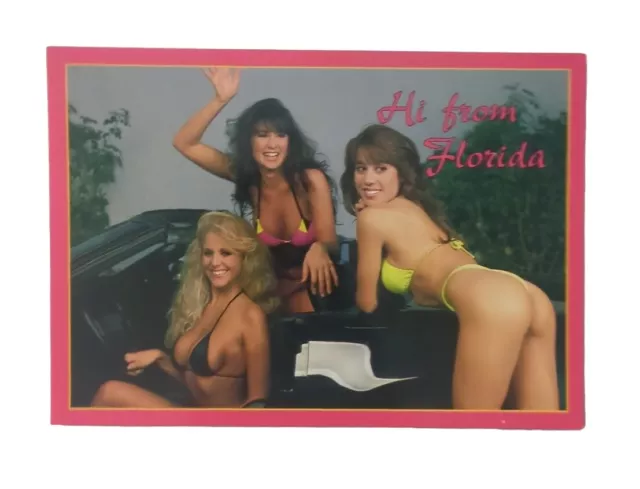 Hi from Florida Girls Postcard Risque 90's 80's Pinup Bikini Blonde car