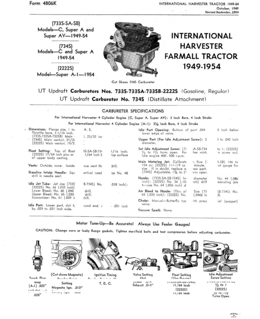 Specification Manual for Carter UT Carburetor IH International Farmall Super A C