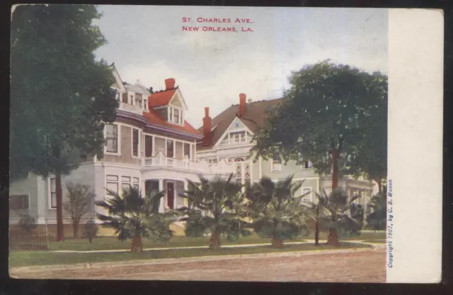 Postcard New Orleans La St Charles Ave Large 2 Story Family House/Home 1907