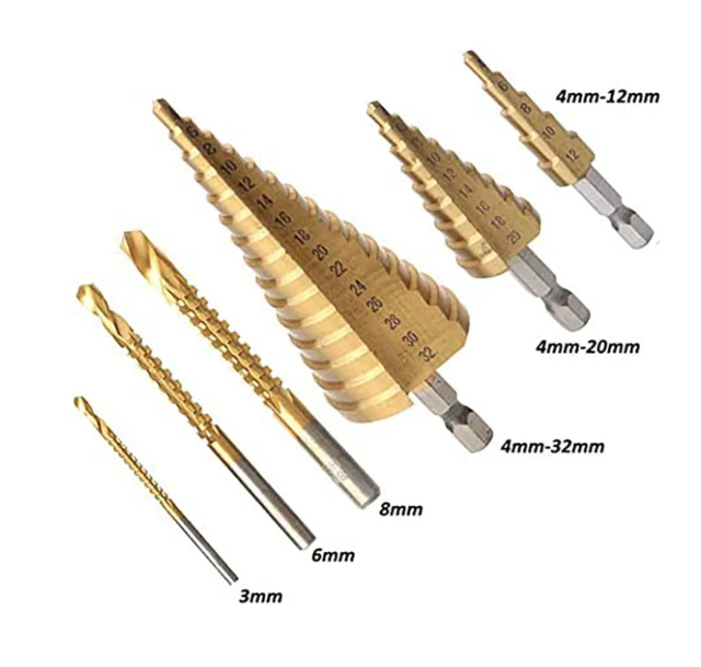 6PC Drill Bit Set Titanium Coated High Speed Steel Step Quick Change Metal Tools 3