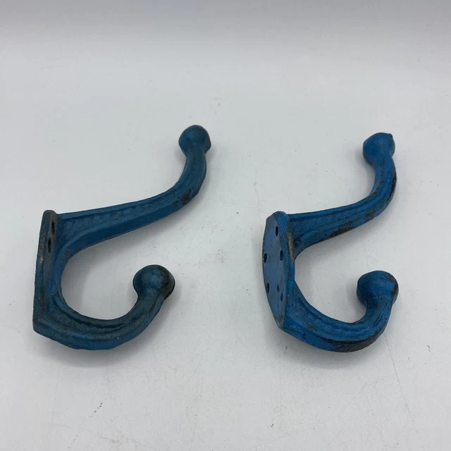 Cast Iron Antique Style Blue 2 Coat Hooks Hat Hook Rack Hall Rustic Decor Craft