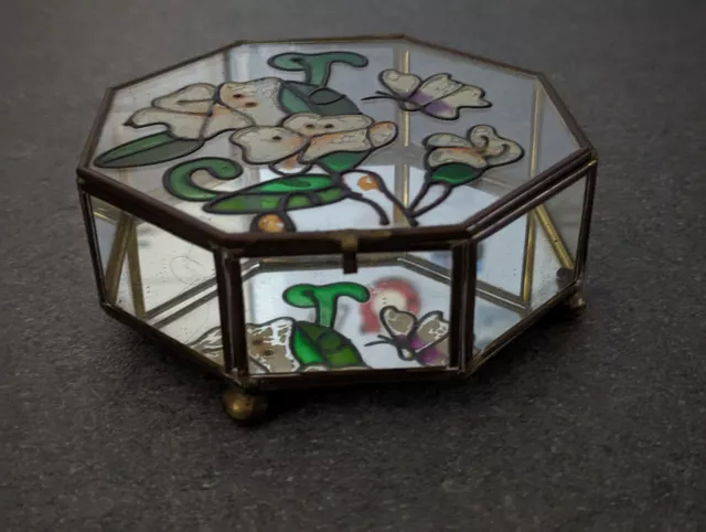 Vintage Octagonal Brass & Stained Glass Ball Footed Jewellery Trinket Box