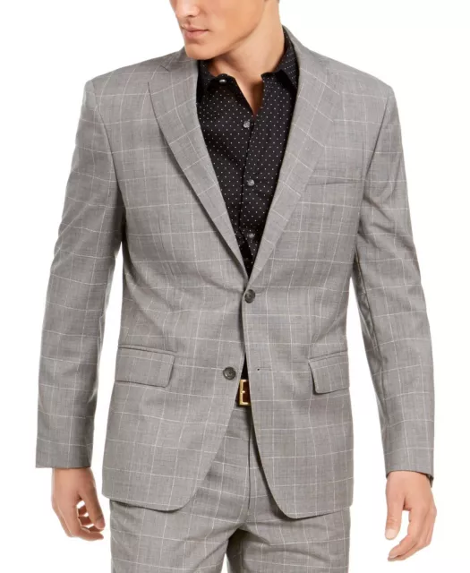 DKNY Men's Slim-Fit Stretch Suit Jacket 46R Grey Windowpane Plaid