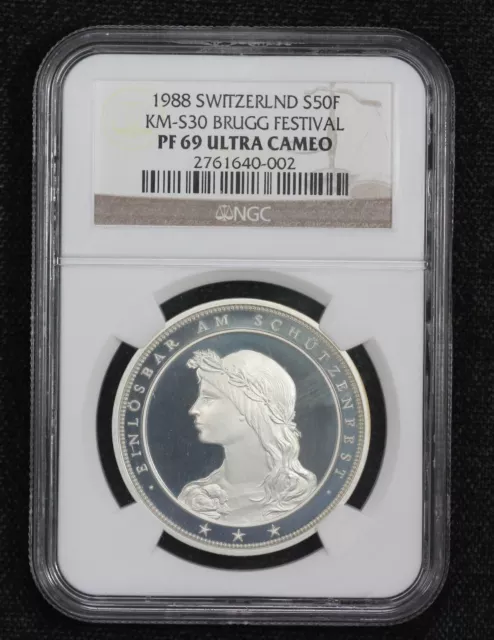 1988 Switzerland Brugg Shooting Festival Thaler 50 Francs NGC PF69 3IES