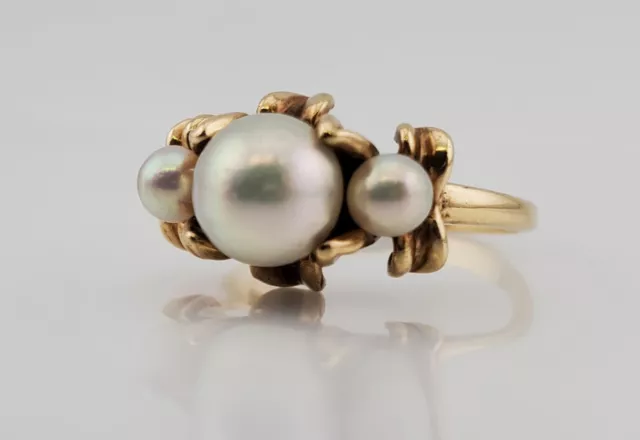 Amazing Vintage 14k Yellow Gold Akoya Pearl Flower Petal Ring Size 6