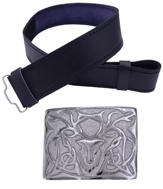 Scottish Kilt Belt with Buckle Stag Head Silver Made of Pewter/Leather Kilt Belt