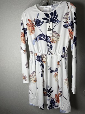 Angashion Women's Large White Floral Print Long Sleeve Pleated Mini Dress NWT