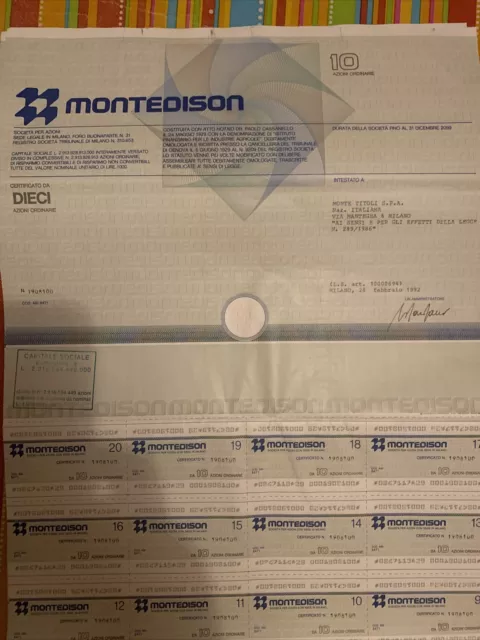 Certificato Azionario - Montedison da 10 azioni - 28 Febbraio 1992