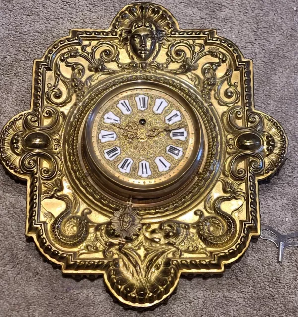 Antique Working 1800's Farcot French Victorian Ornate Brass Repousse Wall Clock