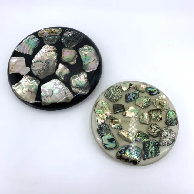 Abalone Shell Embedded Lucite Trivets MCM Lot of 2 Vintage 5.5" and 6.5" MOP
