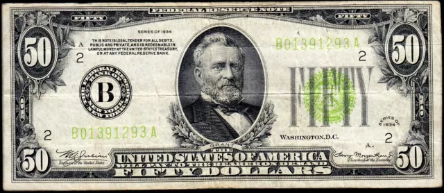 1934 New York $50 LGS (Light Green Seal) Federal Reserve Note VF