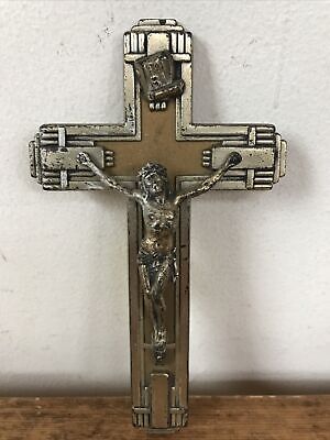 Vtg Art Deco Brass Metal Jesus Christian Crucifix Cross Hanging Wall Ornament