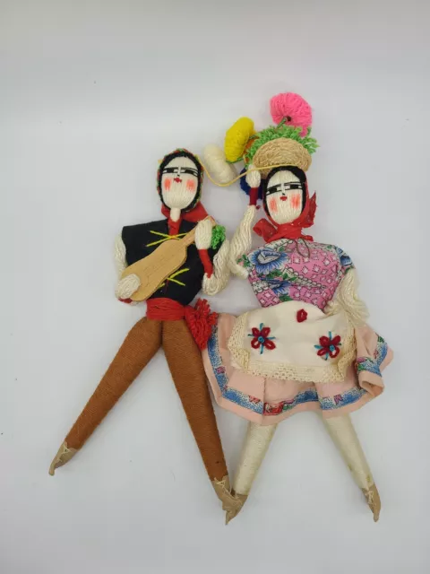 Vintage Traditional Pair Male Female Portuguese Yarn Dolls Sintra Portugal 9.5"