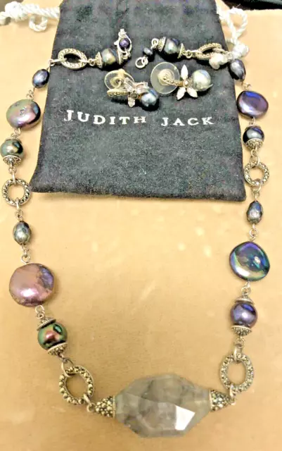 Judith  Jack Necklace & Post Earrings Grey Fw Pearls Marcasites  Quartz & Pouch