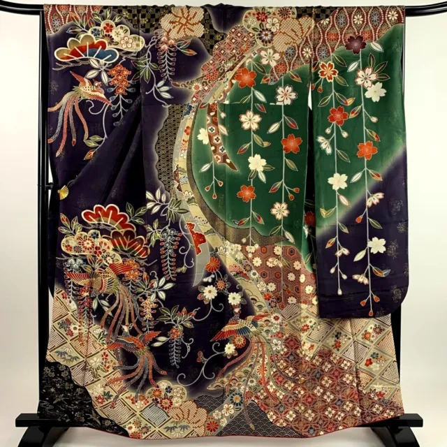 Japanese kimono SILK"FURISODE" long sleeves,GLD thread/leaf, Phoenix,L5.4"..3729