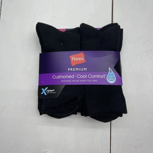 Hanes Premium Cushioned Cool Comfort Black 6 Pack Crew Socks Women’s Sz  5-9 New
